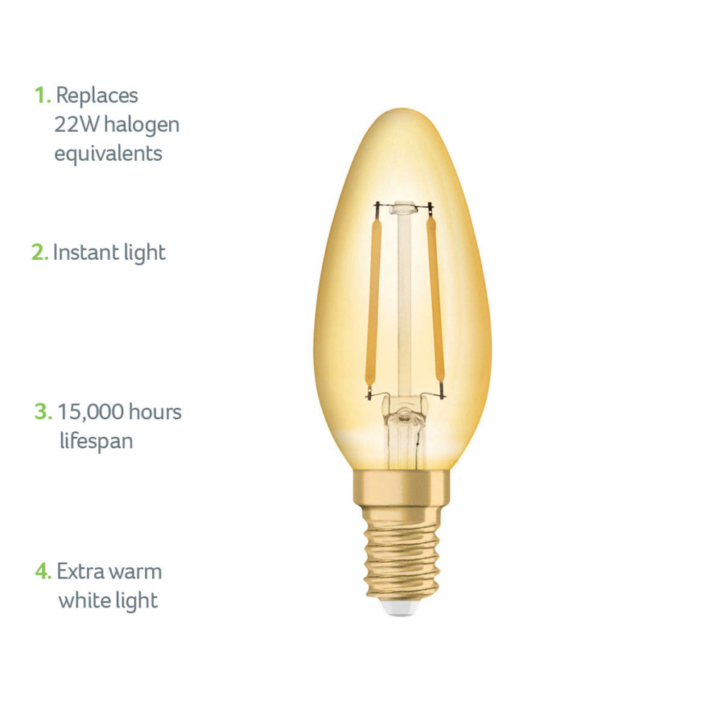 Ledvance Vintage 1906 LED Filament Gold Candle E14 2.5W 2400K | Warm White